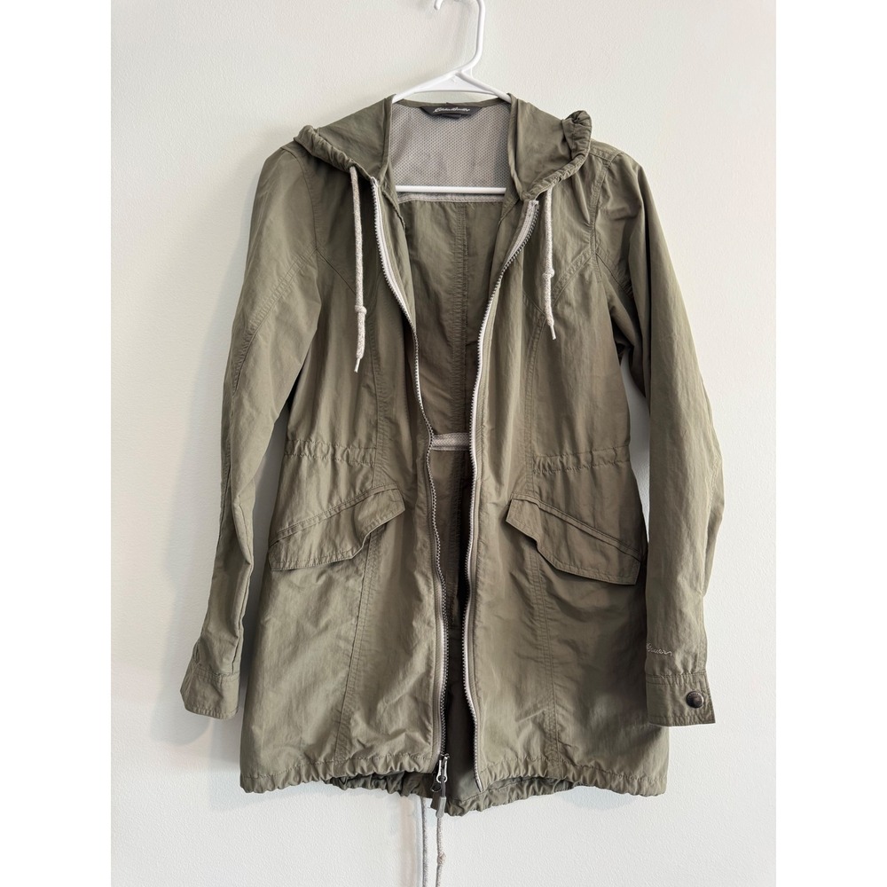 Eddie Bauer Lightweight Hooded jacket Women XS Olive Green Drawstring Waist